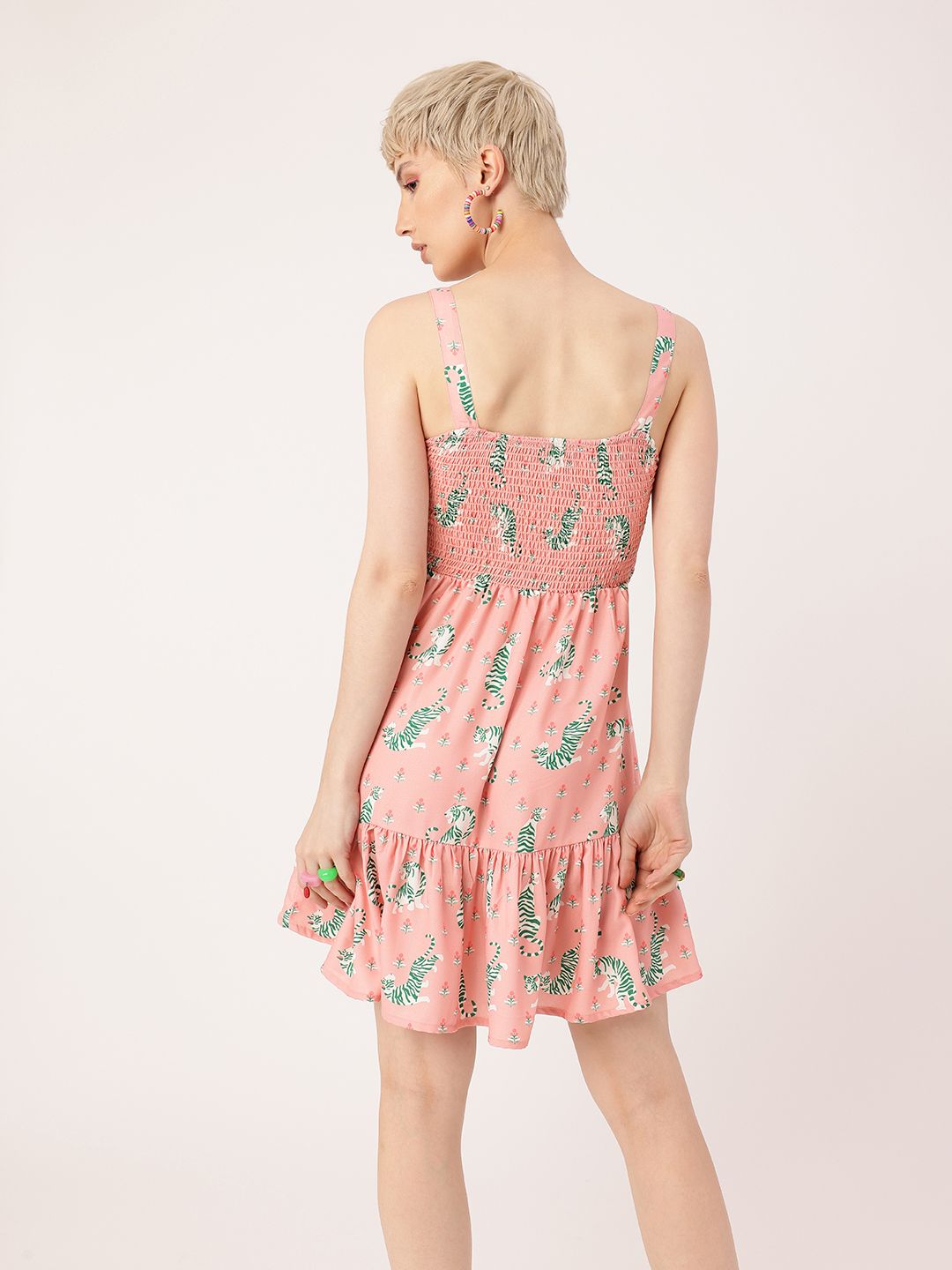 DressBerry Holiday Glam Printed Shoulder Straps Smocked Cut-Outs A-line Dress
