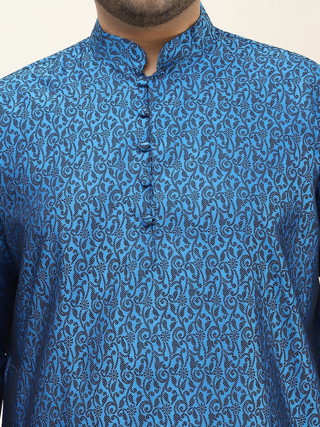 SOJANYA PLUS Men Plus Size Blue Woven Design Jacquard Straight Kurta