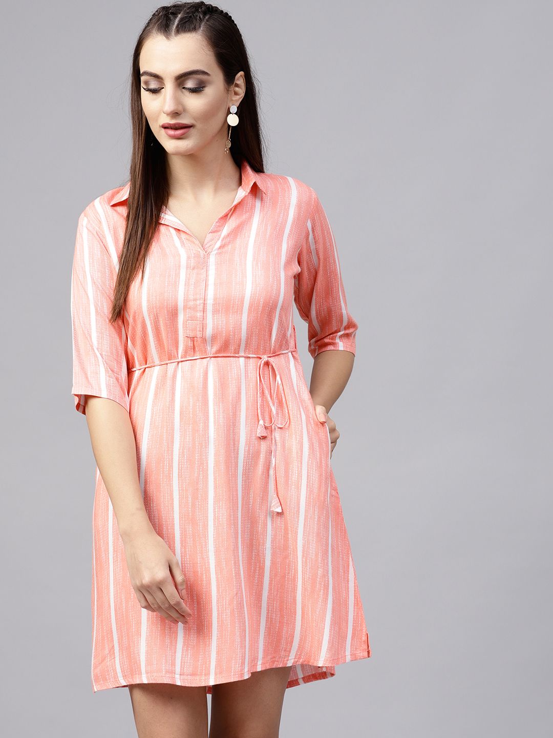 Gerua By Libas Women Coral Pink  White Striped Shirt Dress