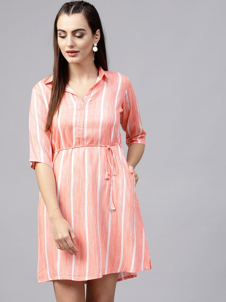 Gerua By Libas Women Coral Pink  White Striped Shirt Dress