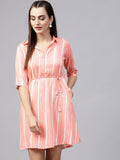 Gerua By Libas Women Coral Pink  White Striped Shirt Dress