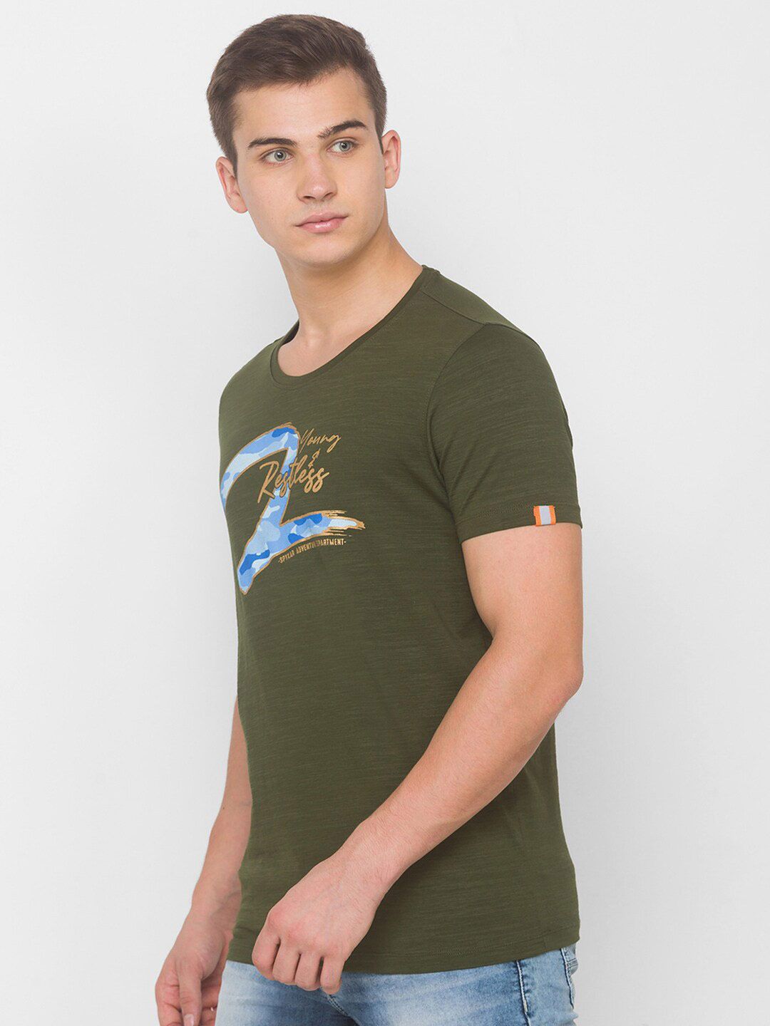 SPYKAR Men Green & Blue Printed Slim Fit Round Neck T-shirt
