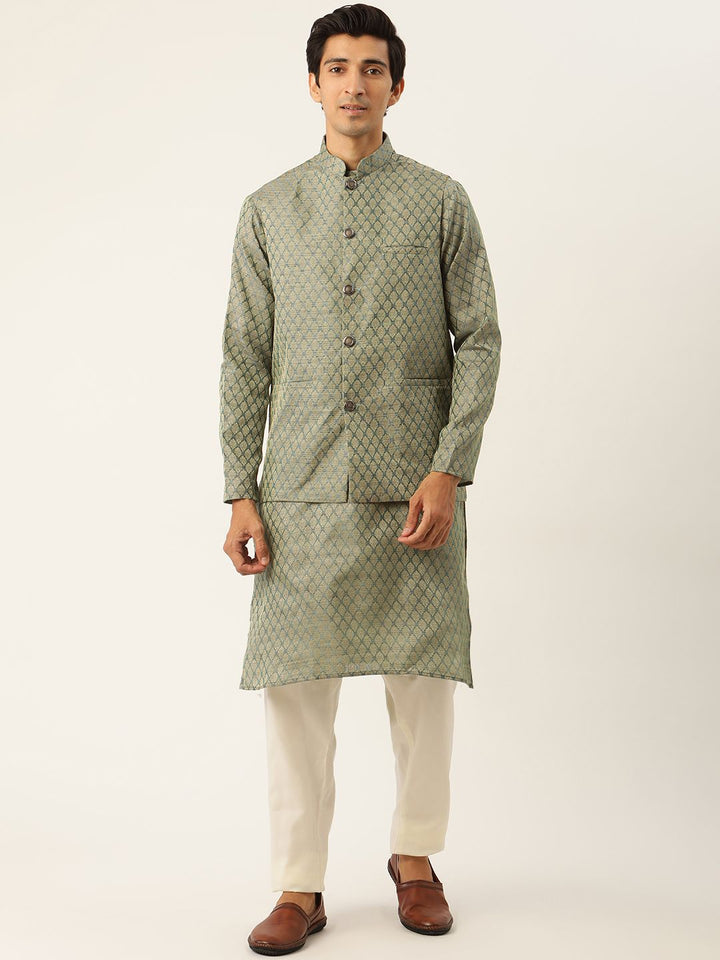 SOJANYA Set Kurta Lelaki Motif Etnik Hijau Dengan Jaket Nehru