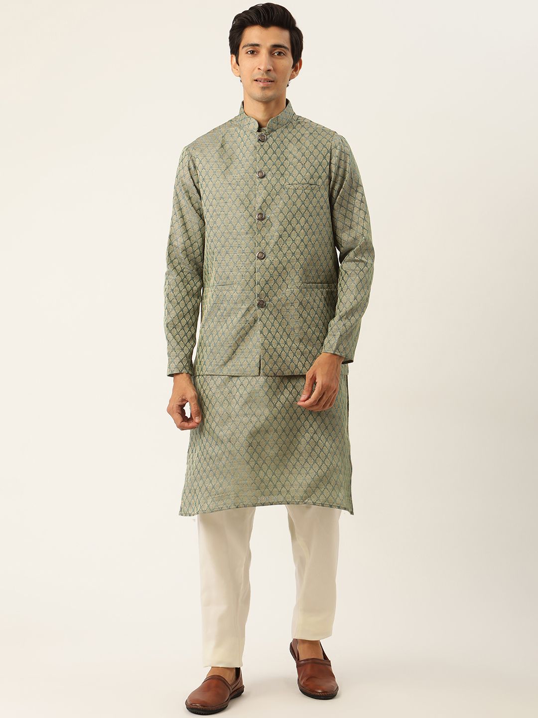 SOJANYA Men Green Ethnic Motifs Kurta Set With Nehru Jacket