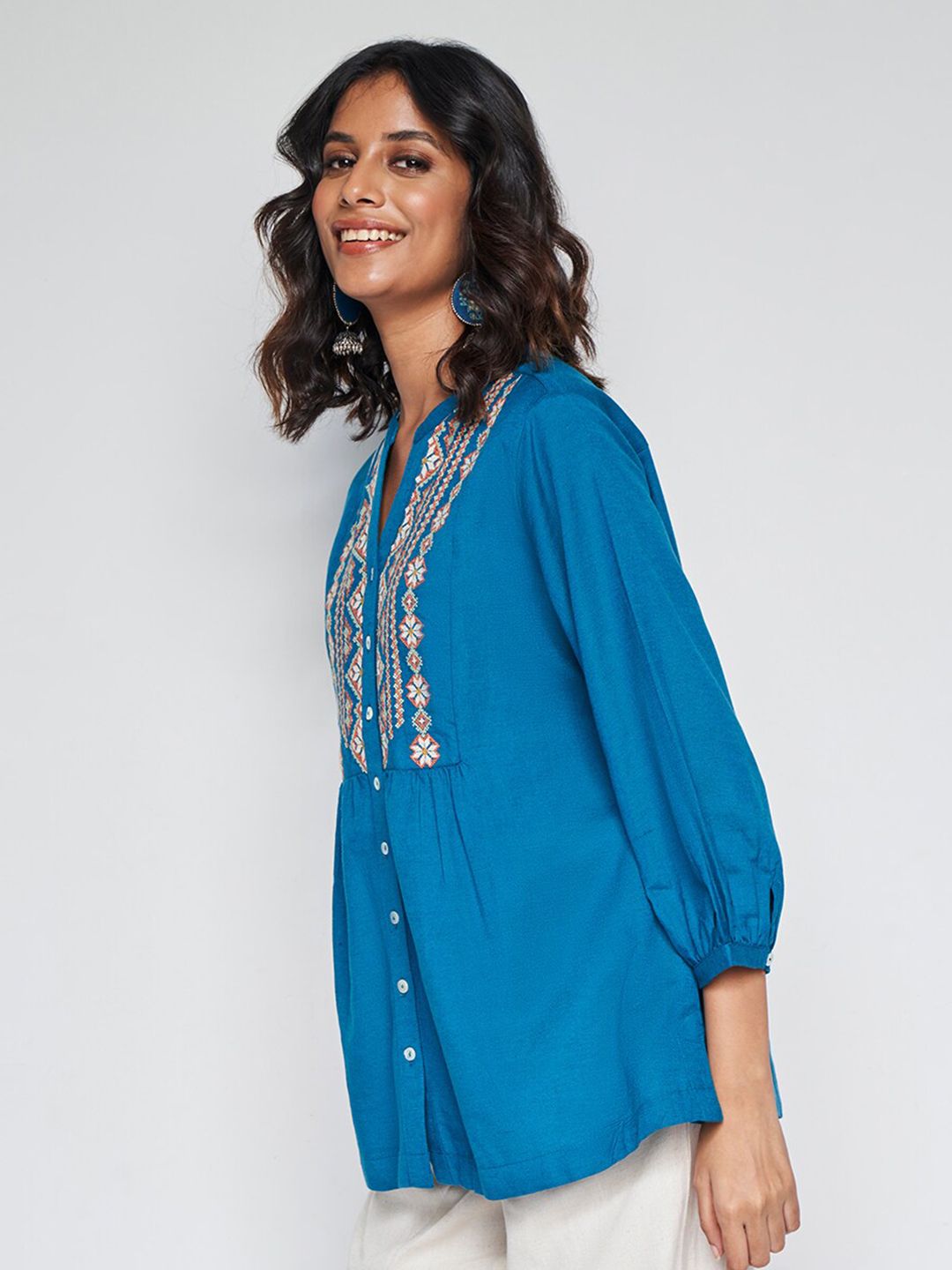 Global Desi Geometric Embroidered Mandarin Collar Cuffed Sleeves Shirt Style Top