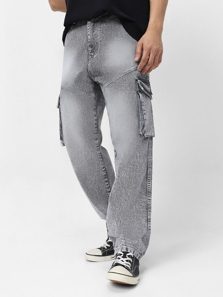 Urbano Fashion Men Ice Grey Loose Fit Cargo Jeans With 7 Pockets Non-Stretchable