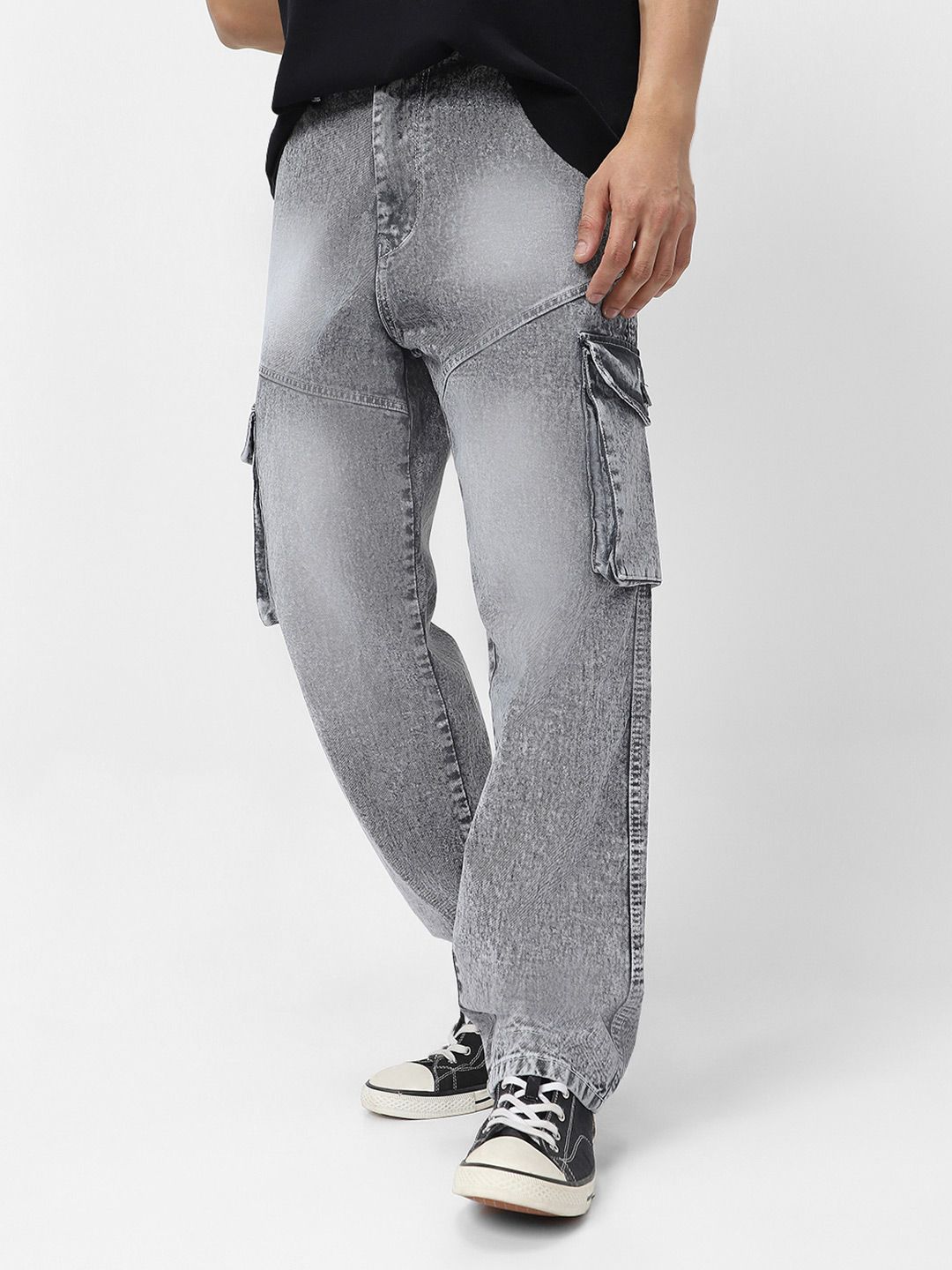 Urbano Fashion Men Ice Grey Loose Fit Cargo Jeans With 7 Pockets Non-Stretchable