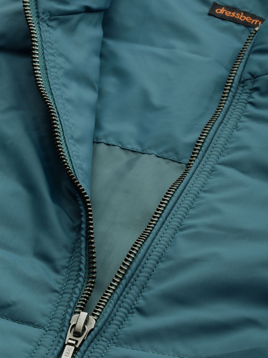 DressBerry Women Teal Blue Solid Windcheater Padded Jacket