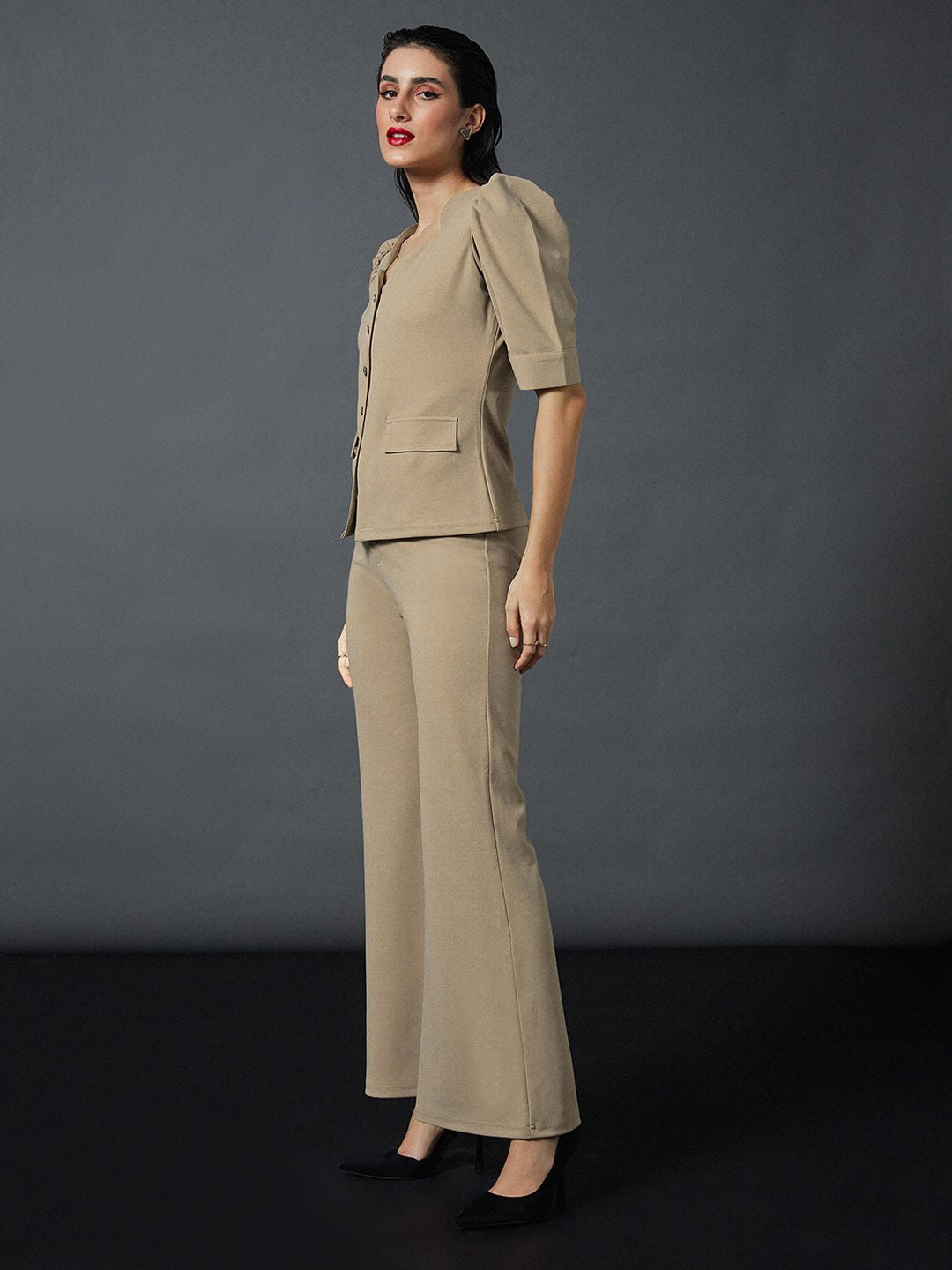 SASSAFRAS worklyf Brown Puff Sleeves Top & Trousers Co-Ords