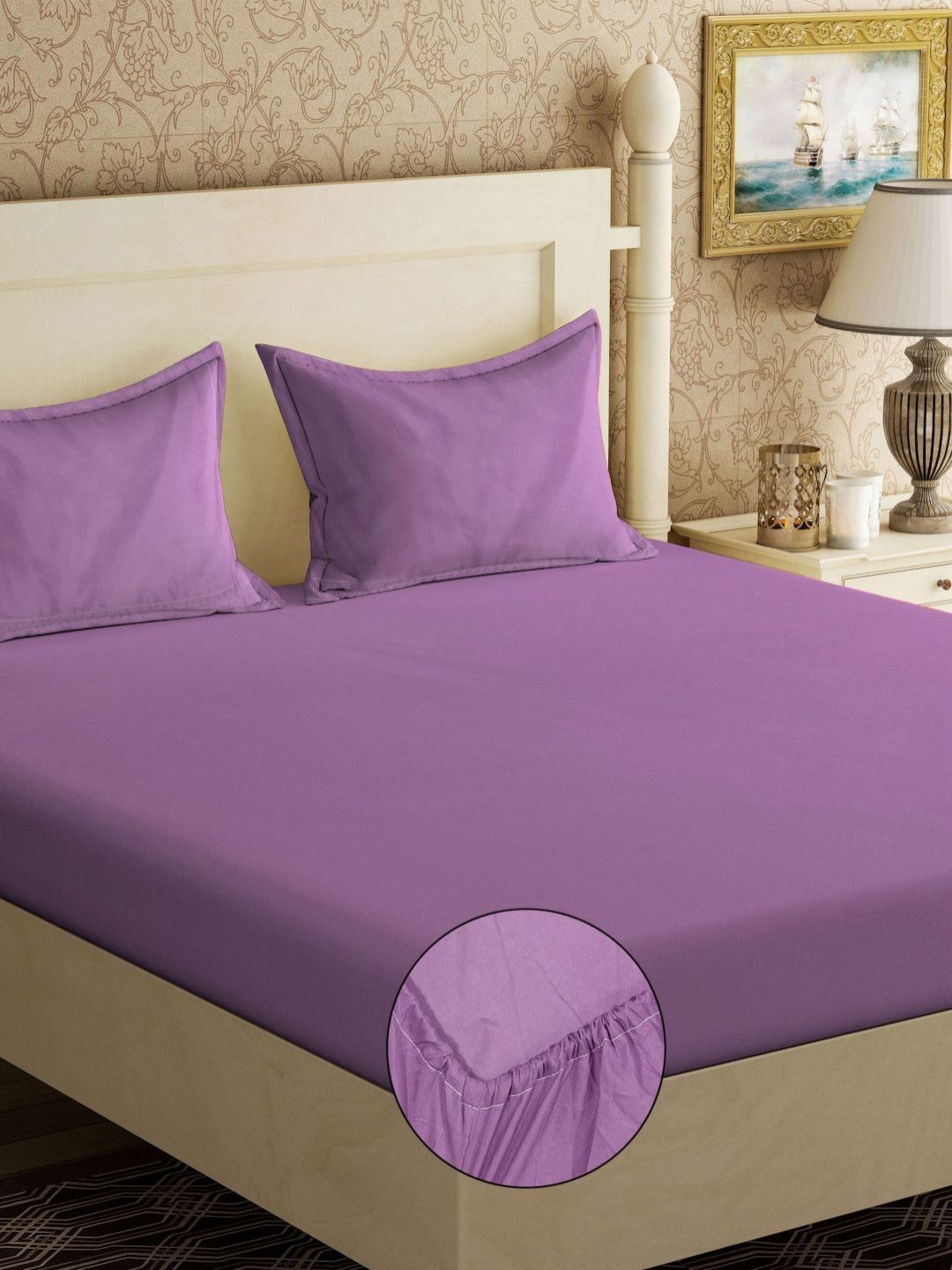 KLOTTHE Purple Solid 300 TC Fitted Double King Bedsheet with 2 Pillow Covers