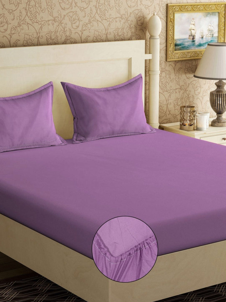 KLOTTHE Purple Cotton 300 TC Fitted King Bedsheet with 2 Pillow Covers-98 x 89 inches