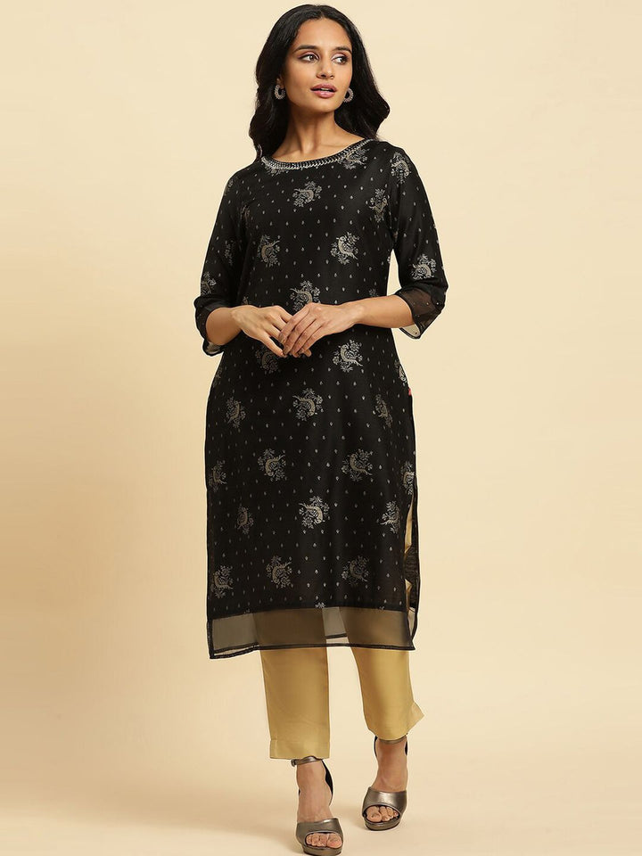 W Black Ethnic Motifs Printed Sequinned Straight Kurta
