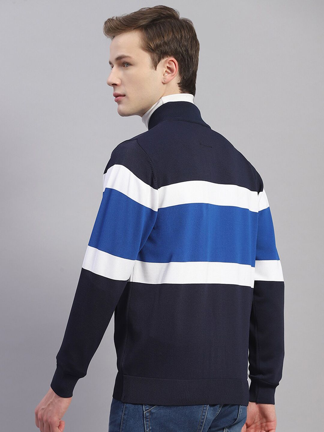 Monte Carlo Striped Stand Collar Cardigan Sweater