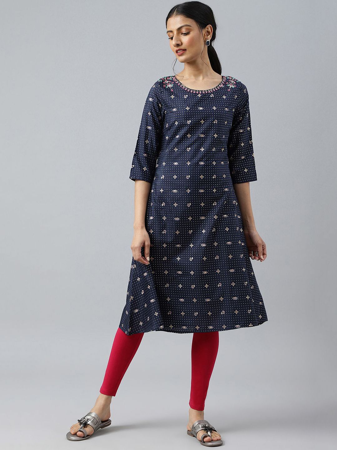 W Geometric Woven Design Thread Work A-Line Kurta