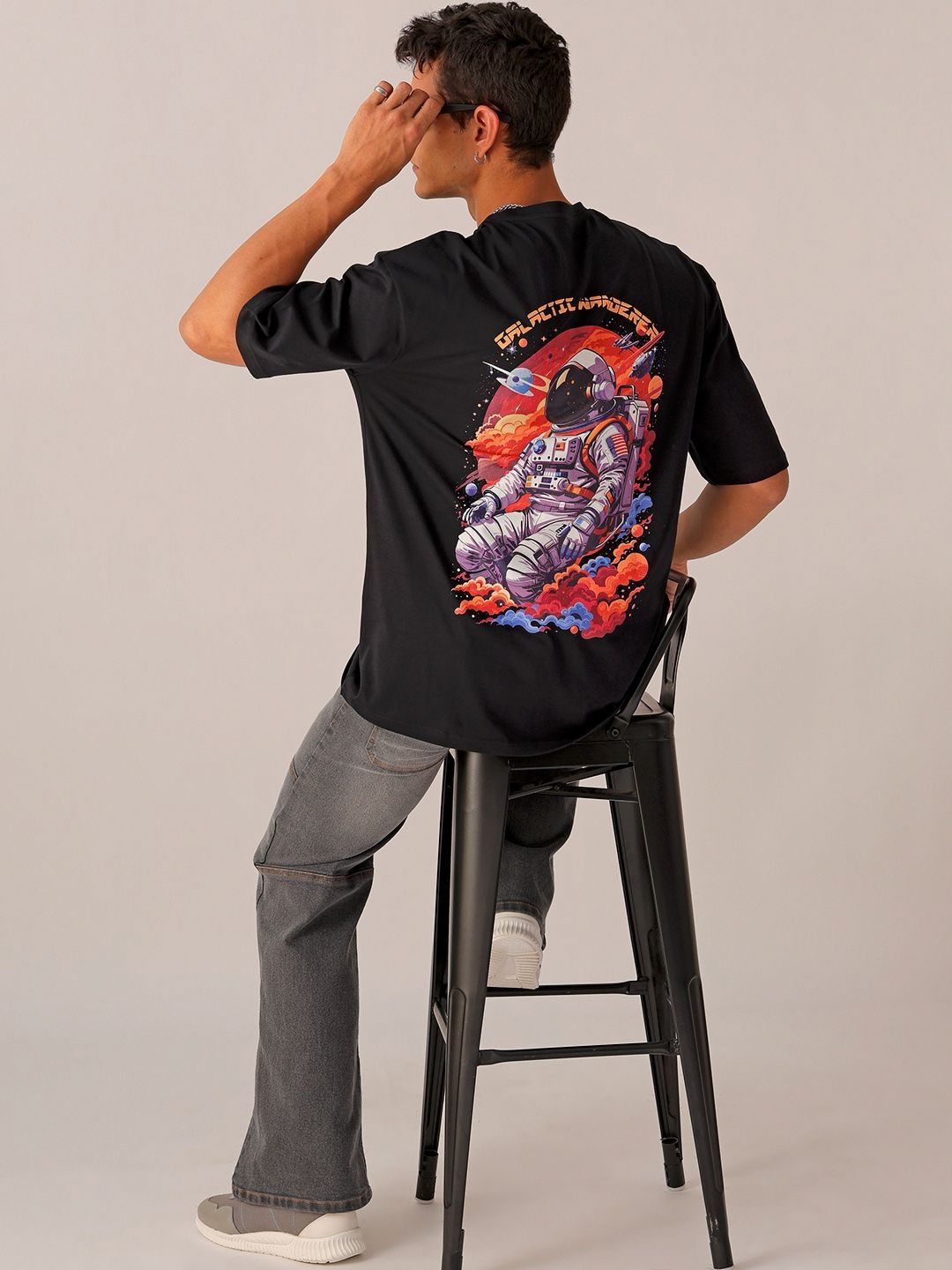 The Indian Garage Co Men Pure Cotton Back Printed Oversized Round Neck T-shirt