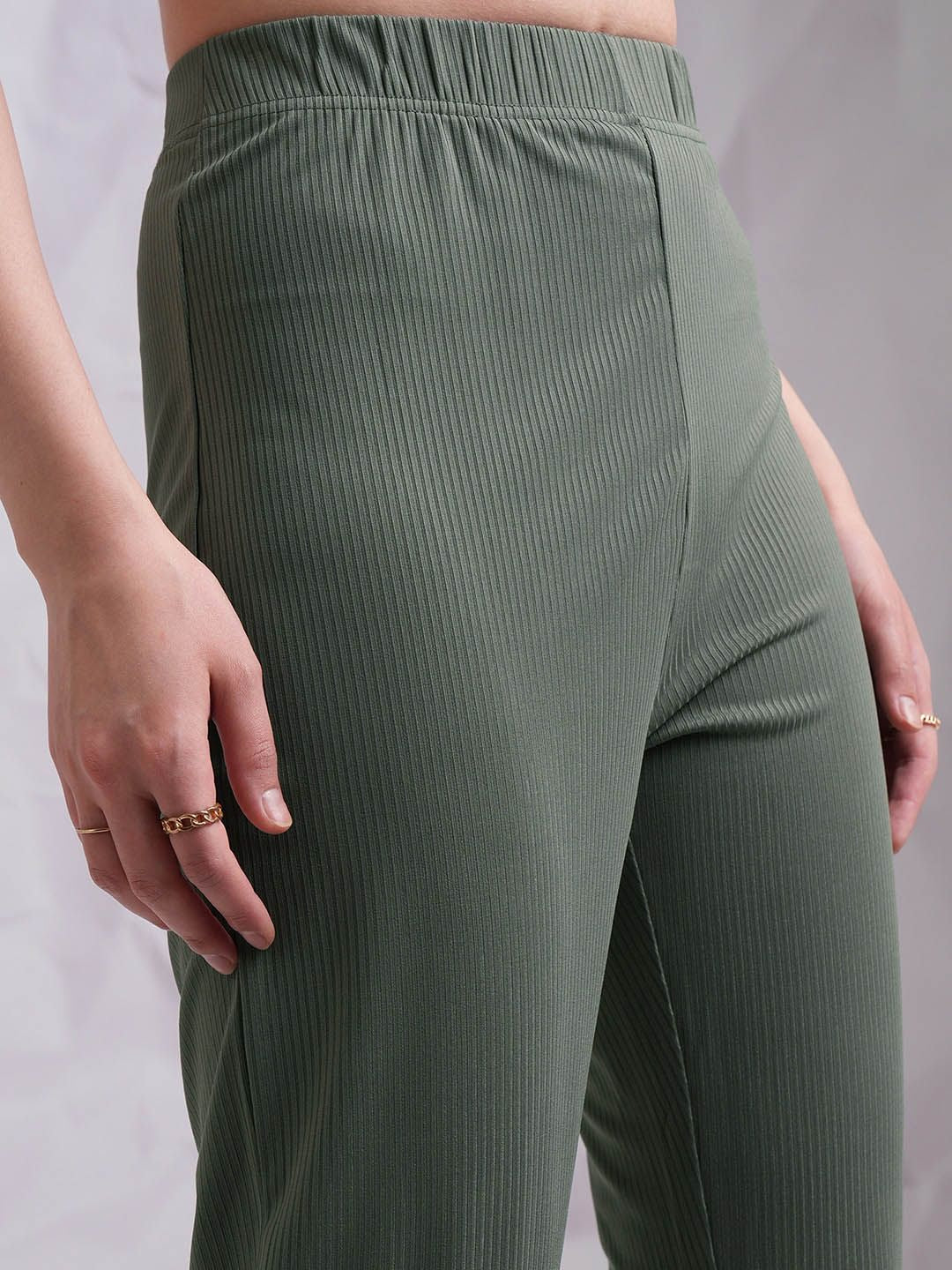Tokyo Talkies Olive Green High Neck Top With Trousers