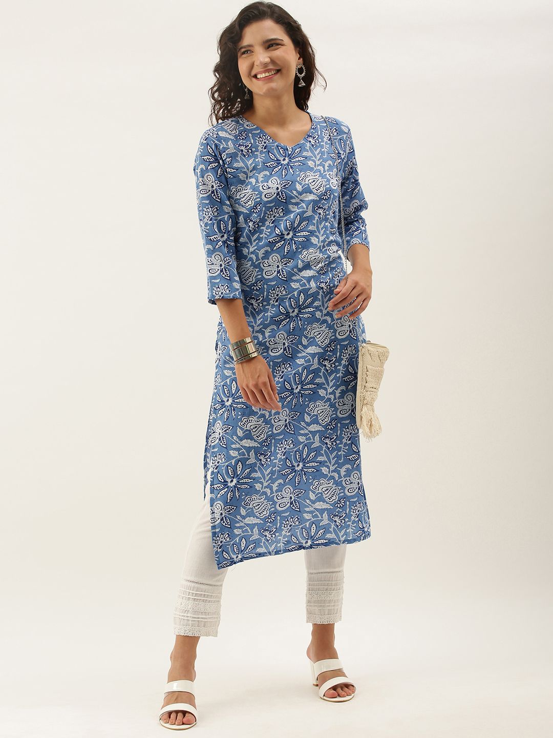 Anouk Women Blue & White Ethnic Motifs Printed Kurta