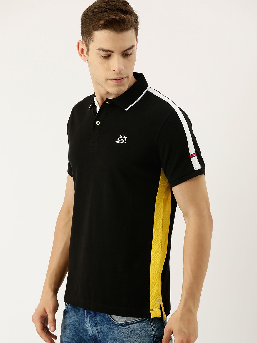 Being Human Clothing Men Black Solid Polo Collar Pure Cotton T-shirt with Side Stripes
