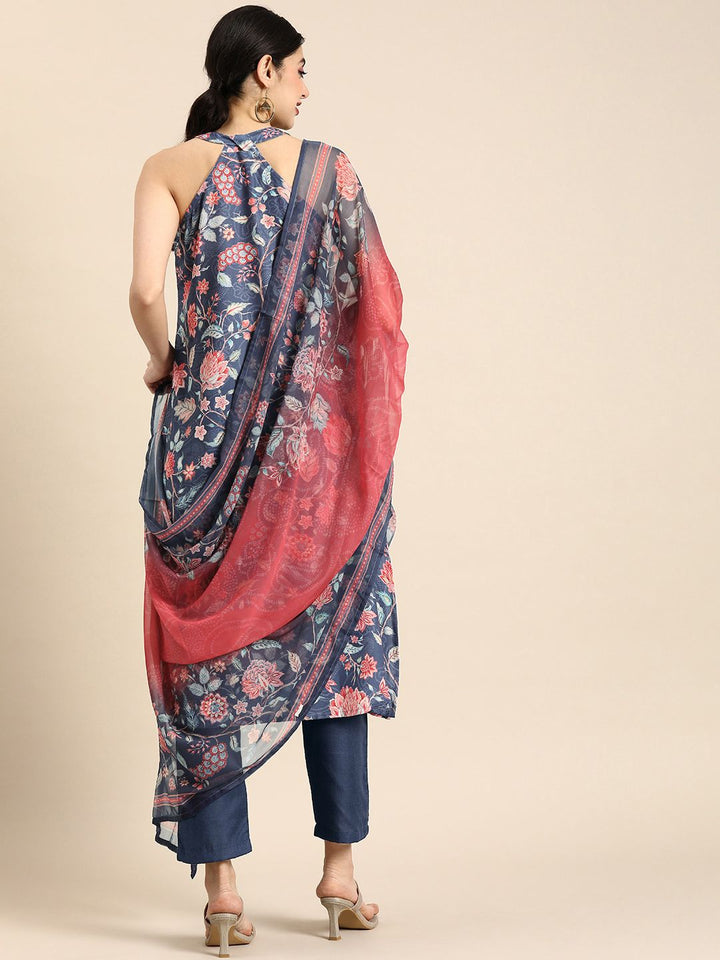 Anouk V-Neck Floral Printed Sleeveless Kurta With Trousers & Printed Dupatta