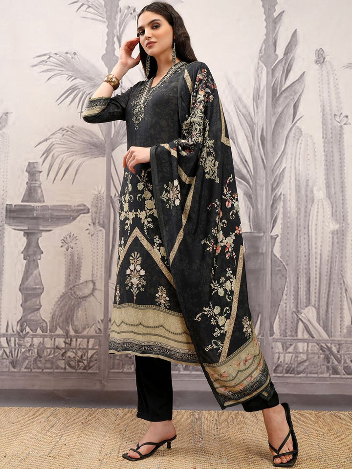 Vishudh Black & Gold Toned Floral Embroidered Straight Kurta with Trousers & With Dupatta