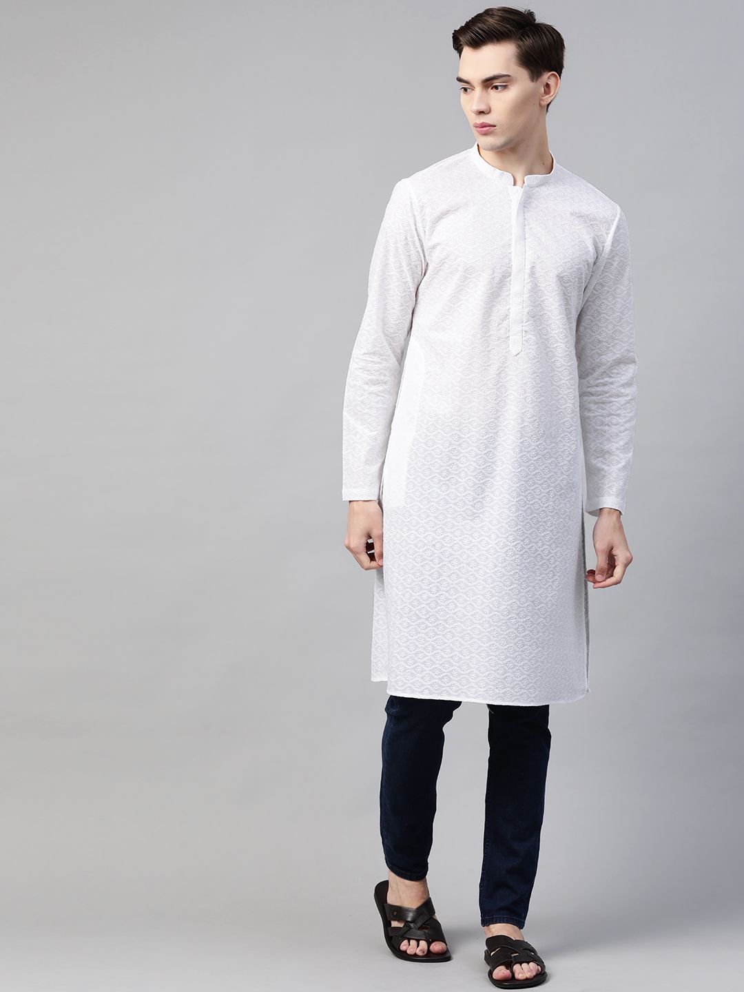 See Designs Men White Ethnic Motifs Chikankari Embroidered Straight Kurta