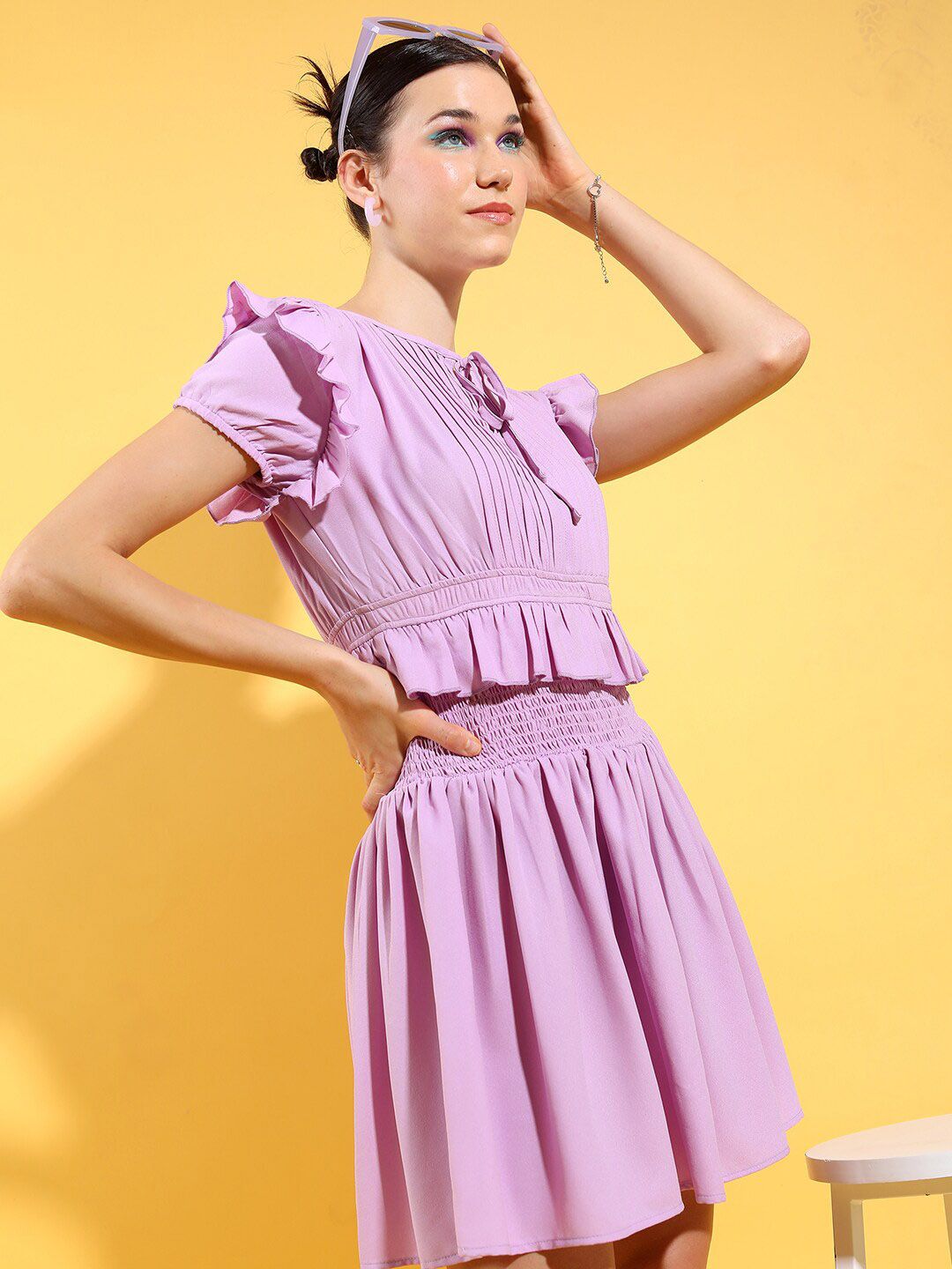 Tokyo Talkies Tie Up Neck Smocked And Pleat Detail Fit & Flare Mini Dress