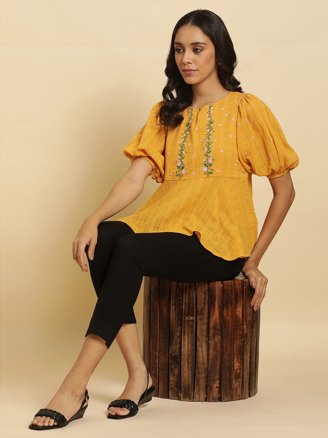 W Floral Embroidered Cotton A Line Top