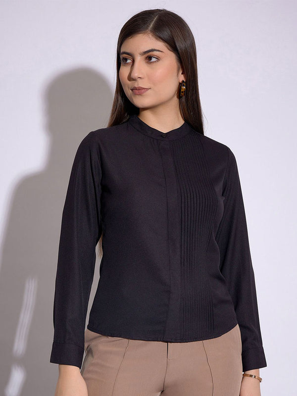 SASSAFRAS worklyf Mandarin Collar Cuffed Sleeves Pleated Shirt Style Top