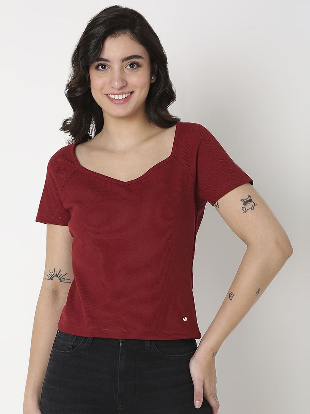 SPYKAR Women Solid V-Neck Cotton Slim Fit T-Shirt