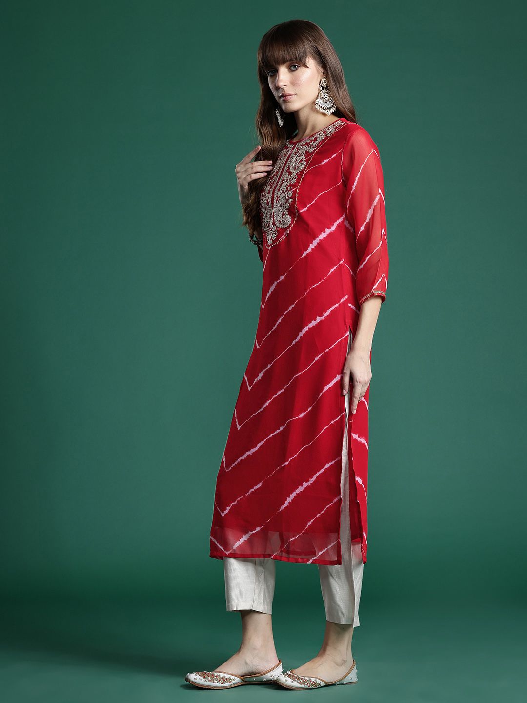 Indo Era Leheriya Print Zari & Mirror Embroidered Straight Georgette Kurta