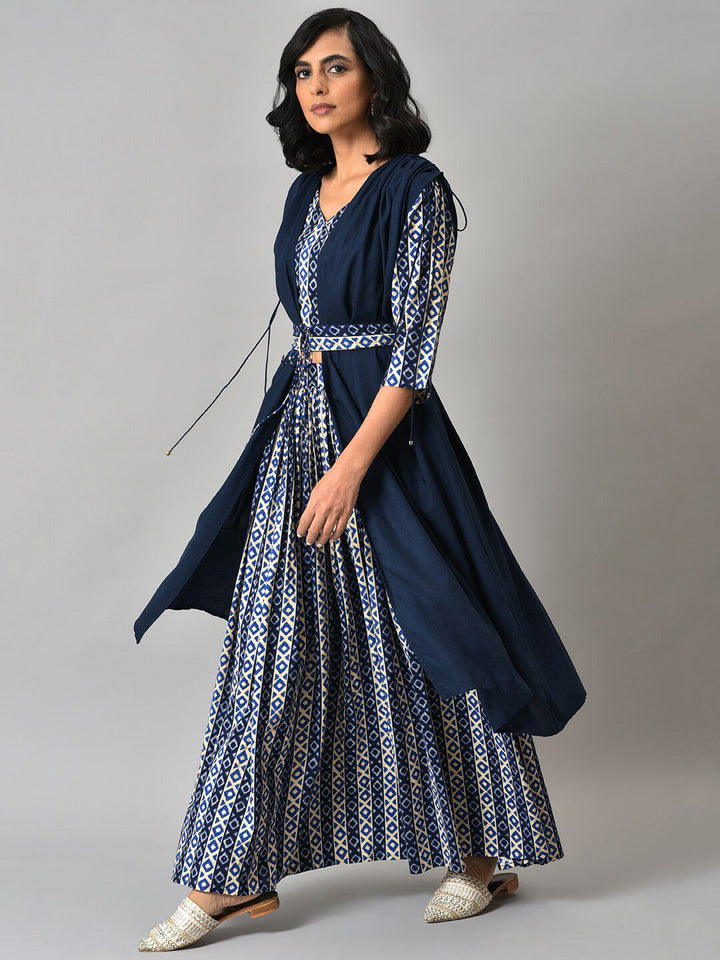 W Women Blue Solid Gathered Cape with Ikkat Printed Crop Top and Skirt Co-ord Set
