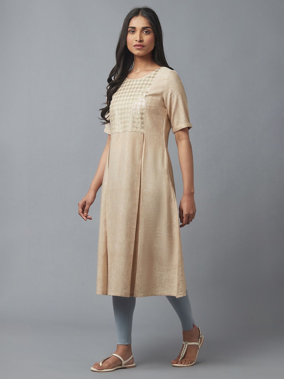 W Women Beige Embellished Keyhole Neck Flared Kurta