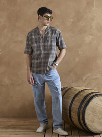 DENNISON Men Comfort Relaxed Fit Checked Dual Flap Pocket Cotton Shirt