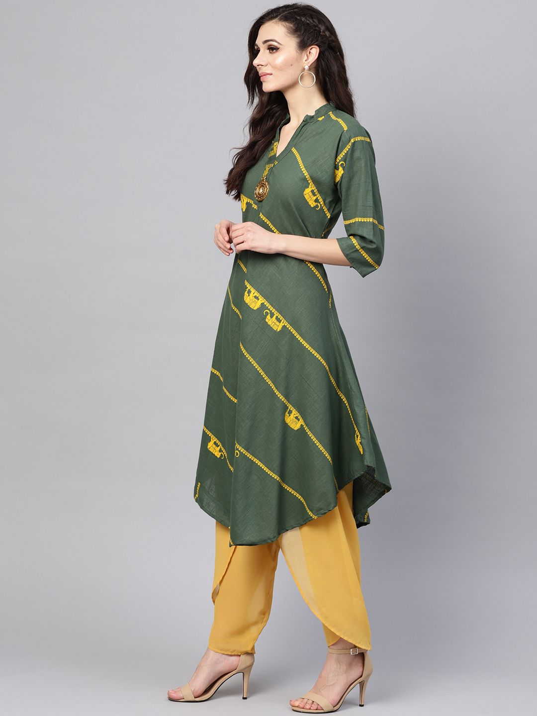SOJANYA Kurta A-Line Berjalur Hijau & Kuning Wanita