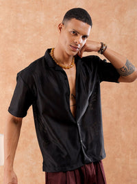 The Indian Garage Co Men Relaxed Fit Solid Warp Knit Lace Resortwear Shirt