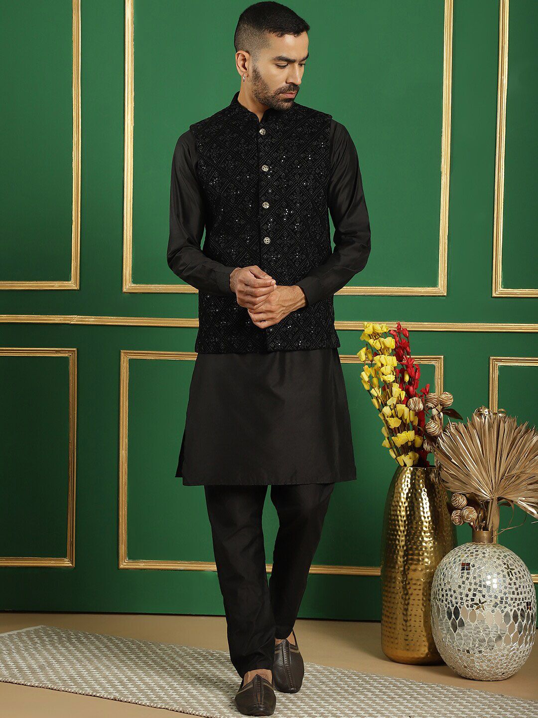 Jompers Sequin Embroidered Mandarin Collar Velvet Nehru Jacket