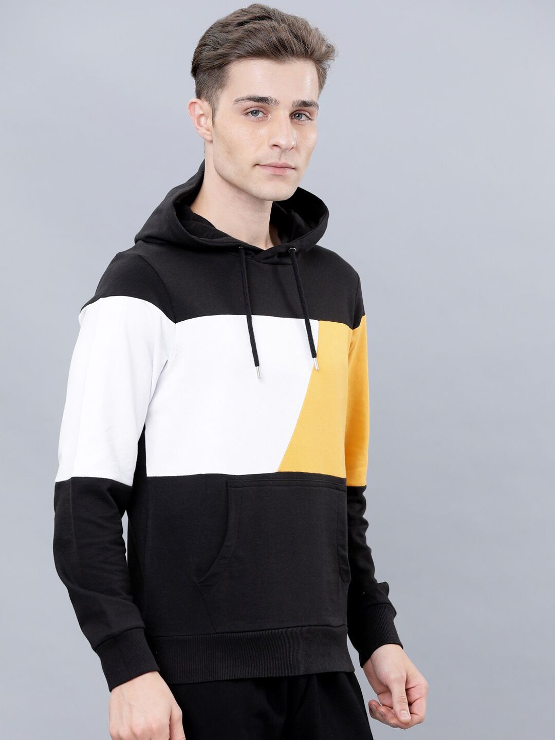 HIGHLANDER Men Black & Yellow Colourblocked Hooded Sweatshirt