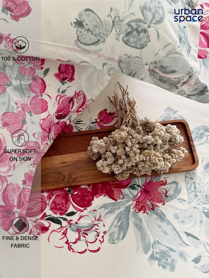 URBAN SPACE Serene Cream-Coloured Floral 200 TC Pure Cotton Queen Bedsheet & Pillow Covers