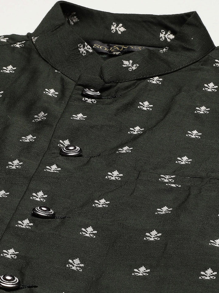 SOJANYA Men Black Chikankari Pure Cotton Kurta with Churidar & Nehru Jacket
