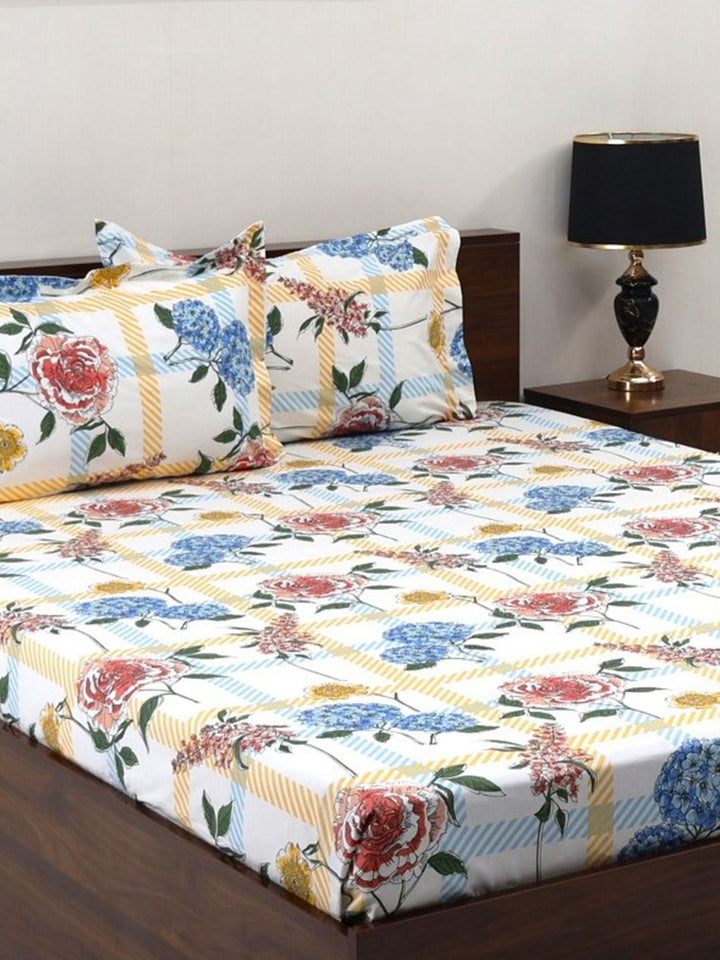 BOMBAY DYEING Allure Orange Floral Cotton 144 TC Fitted Bedsheet Set-1.52m X1.98 m X 30 cm