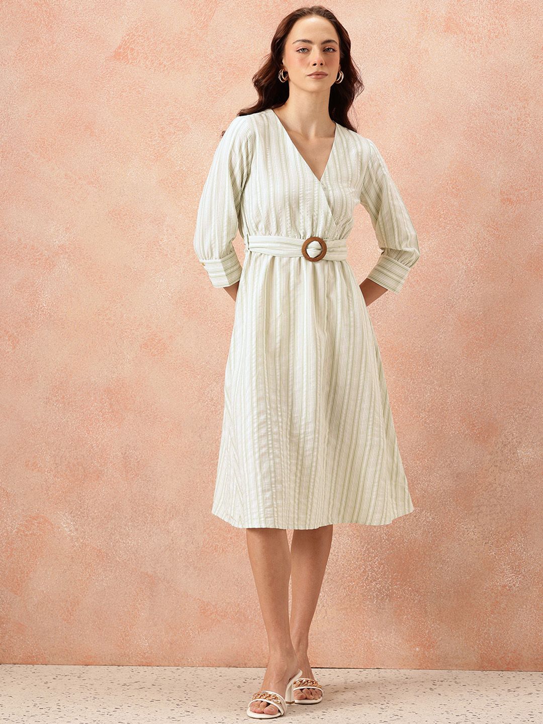 all about you Vertically Striped Seersucker Wrap-Style Midi A-Line Dress with Belt