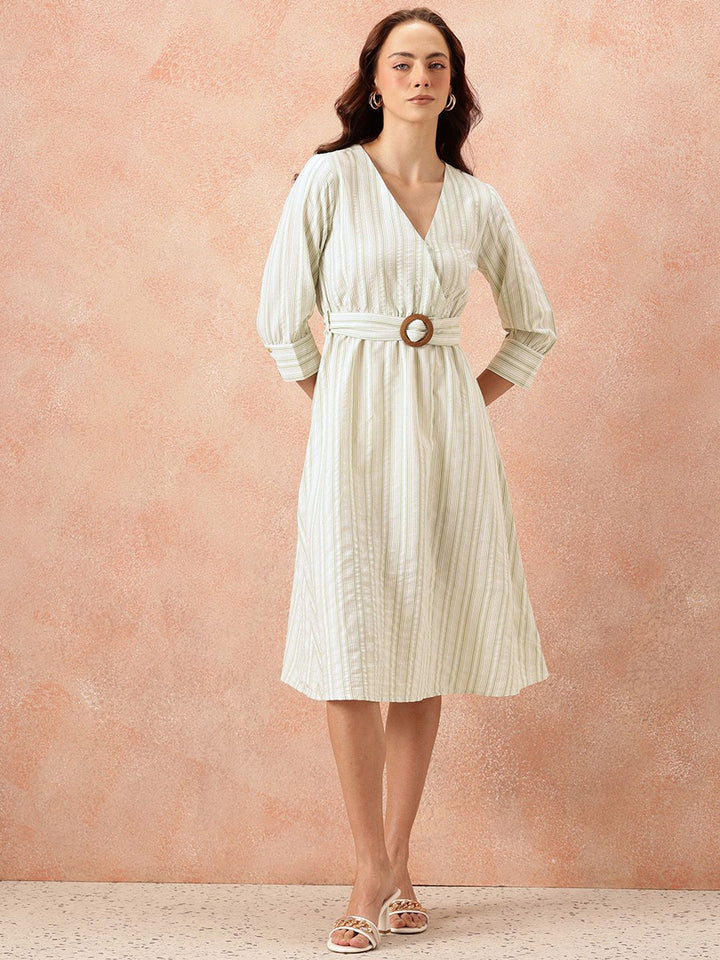 all about you Vertically Striped Seersucker Wrap-Style Midi A-Line Dress with Belt