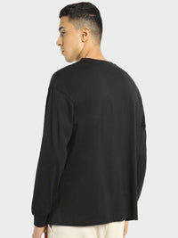 Bewakoof Men Black Printed Pure Cotton Applique Oversized T-shirt