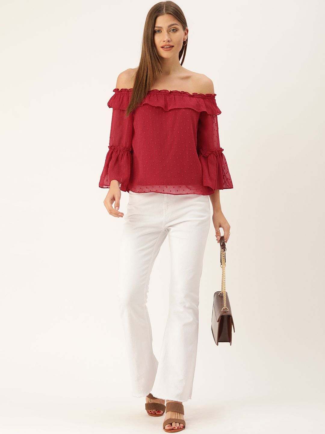 AND Maroon Off-Shoulder Ruffles Top