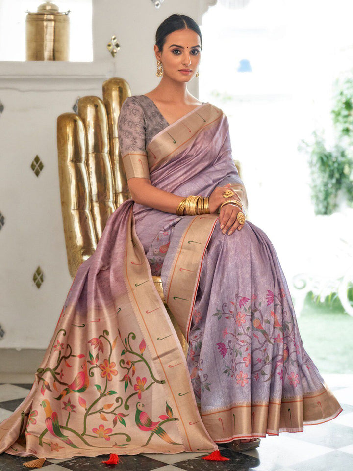 Saree mall Lavender & Green Floral Printed Zari Sungudi Sarees
