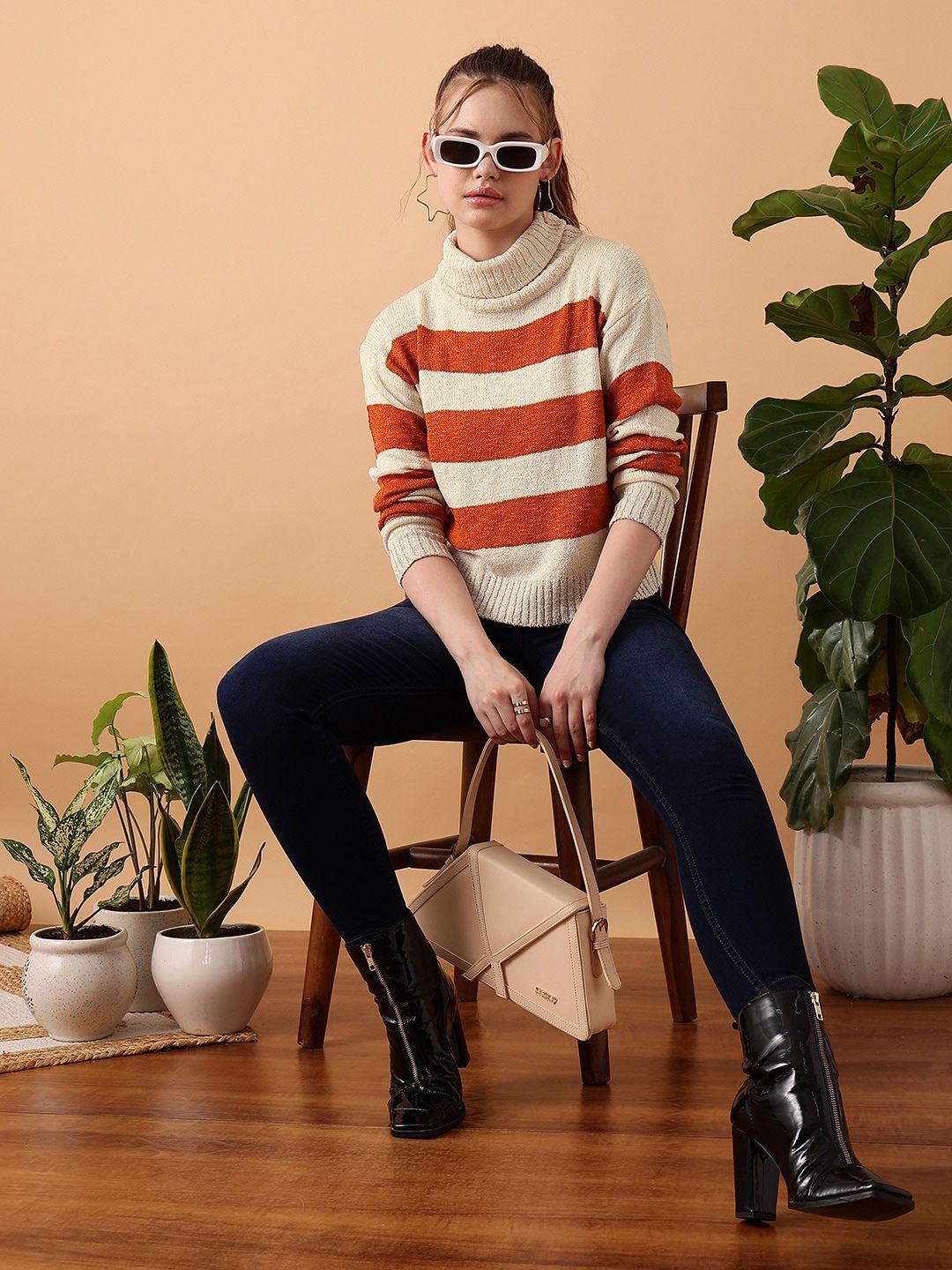STREET 9 Striped Turtle Neck Crop Acrylic Pullover Sweater