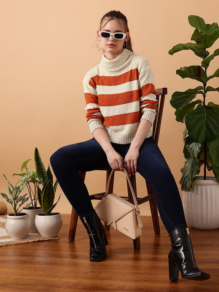 STREET 9 Striped Turtle Neck Crop Acrylic Pullover Sweater