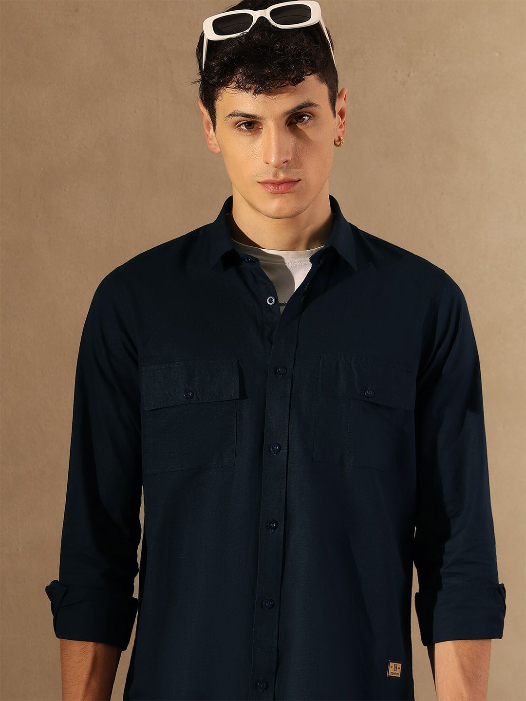 DENNISON Smart Spread Collar Cotton Linen Double Pocket Casual Shirt