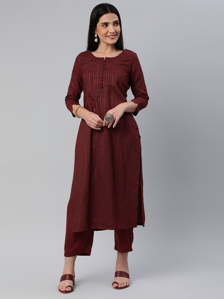 KALINI Striped Round Neck Straight Kurta With Trousers
