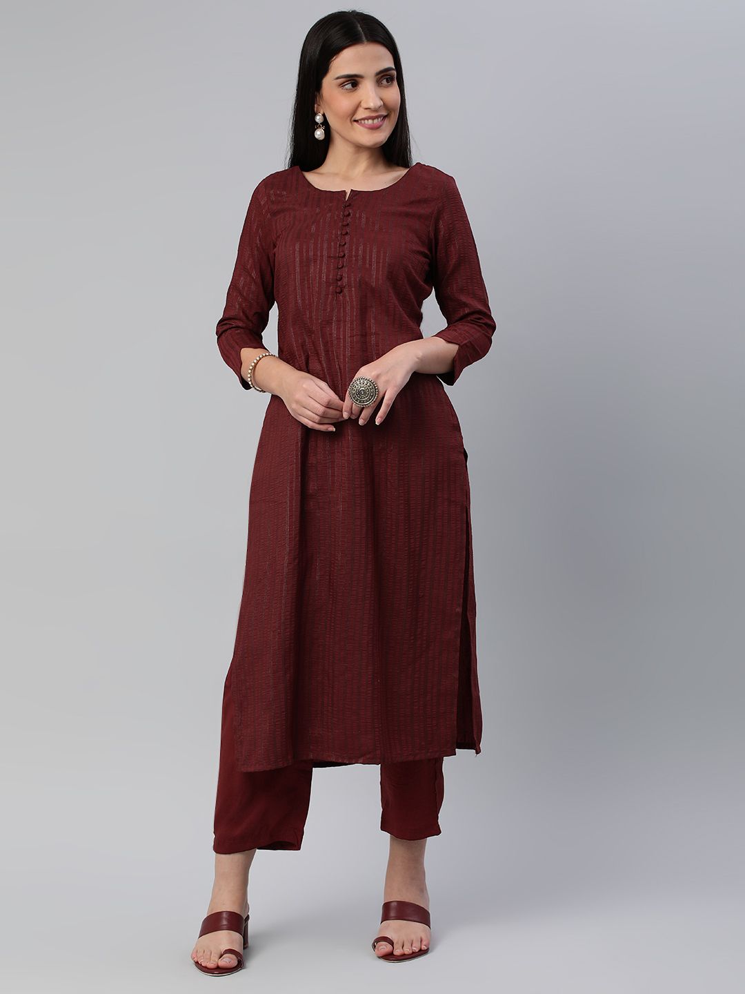 KALINI Striped Round Neck Straight Kurta With Trousers